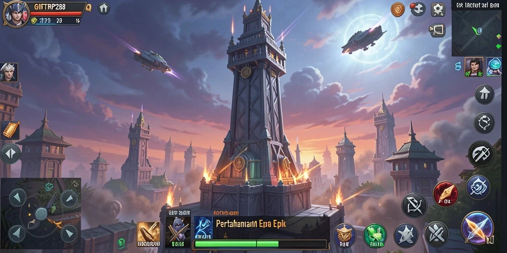 Screenshot gameplay menunjukkan pertahanan menara yang strategis dan serangan musuh yang intens.