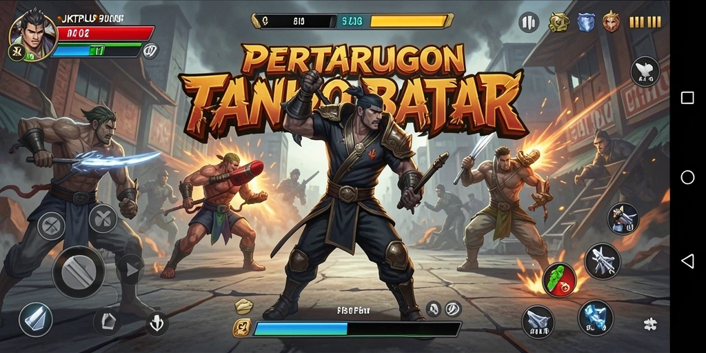 Tampilan seru pertandingan di JKTPLUS dengan karakter bertarung.