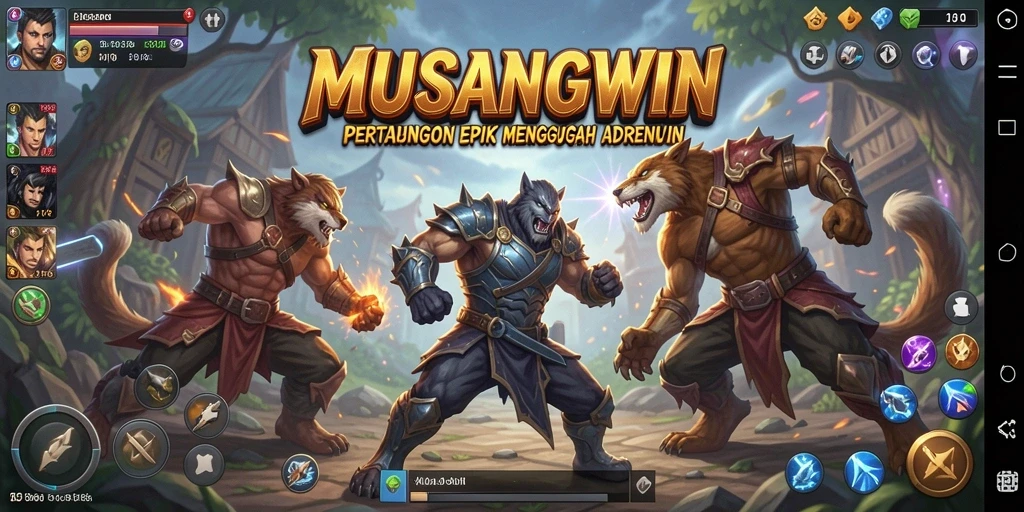 Tangkapan layar utama MUSANGWIN menampilkan pertarungan seru dengan karakter yang sedang beradu.