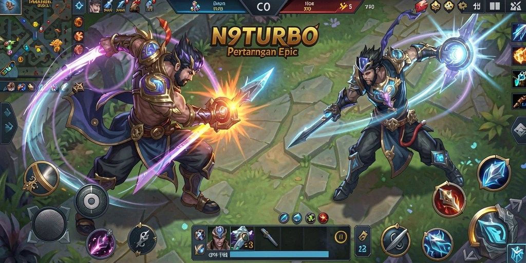 Tampilan intens gameplay N9TURBO dalam pertarungan antar tim.